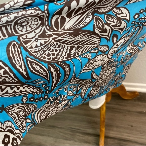 Trina Turk 100% Silk  Blue & Brown Print Dress Elastic Smocked Waist Size 8 - Picture 9 of 11